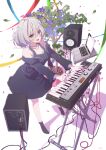  :d aqua_eyes black_dress blush cable computer copyright_name dress english_text eyebrows_behind_hair hair_between_eyes highres instrument jewelry kagawa_yuusaku kumonoue_yumemi laptop leaf looking_at_viewer music necklace open_mouth piano plant playing_instrument playing_piano potted_plant shadow short_dress short_hair shrug_(clothing) silver_hair sleeveless sleeveless_dress smile speaker white_background yumemi_channel 