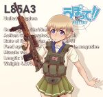  1girl absurdres assault_rifle blonde_hair blue_eyes blush bullpup character_name chest_rig copyright_name cowboy_shot gun hair_between_eyes highres l85 l85a1_(upotte!!) rifle school_uniform serafuku short_hair solo upotte!! weapon willy_pete 