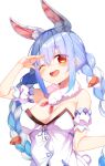  1girl 1other animal_ears arm_cuffs bangs bare_shoulders blue_hair blush braid breasts bunny_ears bunny_tail carrot don-chan_(usada_pekora) dress eyebrows_visible_through_hair fur green_eyes hair_between_eyes hand_on_forehead hand_up highres hololive long_hair looking_at_viewer medium_breasts multicolored_hair open_mouth sash sidelocks siro7748 sleeveless sleeveless_dress smile standing tail tongue twin_braids upper_body upper_teeth usada_pekora virtual_youtuber white_background white_dress 
