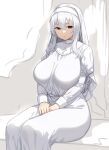  1girl bangs breasts cross dress empty_eyes habit hair_between_eyes highres houtengeki juliet_sleeves large_breasts long_hair long_sleeves looking_at_viewer nun original puffy_sleeves red_eyes sitting white_dress white_hair white_theme 