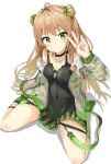  1girl absurdres ahoge bangs bare_shoulders black_dress blush bow breasts brown_hair camouflage camouflage_jacket choker closed_mouth collarbone covered_navel double_bun dress eyebrows_visible_through_hair fur_trim girls_frontline green_bow green_eyes green_jacket hair_bow hair_ornament highres jacket long_hair long_sleeves looking_at_viewer medium_breasts na_kyo off_shoulder rfb_(girls_frontline) short_dress sitting sleeveless sleeveless_dress smile solo striped thigh_strap v wariza 