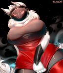  absurd_res anthro big_breasts blush bodily_fluids breasts female fingers fur genital_fluids hair hi_res huge_breasts lips machine mori_(umbra_saeculi) protogen simple_background smile solo thick_thighs winter_nacht 
