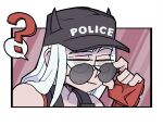  1girl ? adjusting_eyewear alternate_costume alternate_hairstyle bare_shoulders black_headwear black_horns blind commentary fingerless_gloves gloves hand_up hat helltaker holding horns horns_through_headwear justice_(helltaker) long_hair police_hat red_gloves silver_hair solo spoken_question_mark sunglasses vanripper 