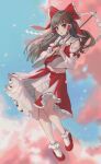  1girl absurdres alternate_costume bow brown_eyes brown_hair cloud cloudy_sky eyebrows_visible_through_hair flying hair_bow hair_ribbon hakurei_reimu highres holding holding_wand huge_filesize kir_(khw66136132) long_hair looking_at_viewer open_mouth red_bow red_footwear red_skirt ribbon shoes skirt sky socks solo touhou wand 
