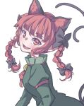  1girl absurdres animal_ears bangs black_bow bow braid cat_ears cat_tail dress extra_ears eyebrows_behind_hair fang from_side green_dress hair_bow highres juliet_sleeves kaenbyou_rin kame_(kamepan44231) long_hair long_sleeves looking_at_viewer multiple_tails open_mouth pointy_ears puffy_sleeves red_eyes red_hair side_braids simple_background smile solo tail touhou twin_braids two_tails upper_body white_background 
