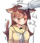  1girl admiral_(kancolle) anger_vein animal_ears blush brown_eyes brown_hair cat_ears cat_tail closed_mouth eyebrows_visible_through_hair gloves highres kantai_collection long_hair long_sleeves motion_lines nanahamu neckerchief ooi_(kancolle) remodel_(kantai_collection) sailor_collar school_uniform serafuku simple_background solo_focus spoken_anger_vein tail upper_body white_background white_gloves white_neckwear yellow_sailor_collar yellow_serafuku 