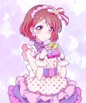  1girl apron bangs bow box brown_hair closed_mouth eyebrows_visible_through_hair frown gift gift_box gloves hair_bow hanadera_nodoka healin&#039;_good_precure highres holding holding_bow kyoutsuugengo layered_skirt looking_at_viewer maid_day miniskirt polka_dot polka_dot_apron precure red_eyes shiny shiny_hair short_hair skirt solo standing striped striped_bow sweatdrop swept_bangs white_apron white_gloves 