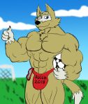  2018 4_fingers anthro ball black_nose canid canine canis caseyljones clothed clothing english_text eyewear fifa fingers fur gesture goggles male mammal mascot multicolored_body multicolored_fur muscular muscular_anthro muscular_male outside red_clothing red_underwear signature simple_background sky soccer_ball solo text text_on_clothing text_on_underwear thumbs_up topless two_tone_body two_tone_fur two_tone_tail underwear wolf zabivaka 