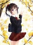  1girl autumn_leaves bag bangs black_hair black_sweater blurry blurry_foreground blush closed_mouth commentary cowboy_shot day depth_of_field eyebrows_visible_through_hair from_side hair_ornament hairclip hand_up leaf long_sleeves looking_at_viewer looking_to_the_side na_kyo original outdoors pleated_skirt ponytail purple_eyes red_skirt school_bag school_uniform short_hair skirt sleeves_past_wrists smile solo standing sweater v 