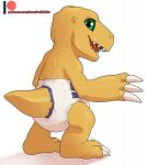  agumon ambiguous_gender carnival-tricks claws diaper digimon digimon_(species) feral hi_res looking_at_viewer looking_back open_mouth patreon patreon_logo raised_hand smile solo standing teeth tongue watermark 