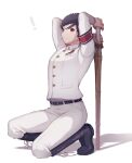  1boy armband arms_behind_head arms_up bangs belt black_footwear black_hair boots closed_mouth commentary_request danganronpa:_trigger_happy_havoc danganronpa_(series) frown full_body highres holding ishimaru_kiyotaka jacket knee_boots long_sleeves looking_at_viewer male_focus mizukura_ion one_knee pants red_eyes short_hair simple_background solo sword weapon weapon_request white_background white_gakuran white_jacket white_pants wooden_sword 