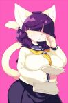  2015 4_fingers big_breasts blush breasts clothed clothing domestic_cat ear_tuft felid feline felis female fingers fully_clothed hair kemono kishibe looking_at_viewer mammal neckerchief paper pink_background purple_hair school_uniform simple_background standing tuft uniform 
