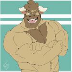  2021 animal_crossing anthro barazoku beard big_muscles body_hair border bovid bovine cattle chest_hair facial_hair flexing hair hand_on_arm hi_res horn looking_at_viewer male mammal muscular muscular_anthro muscular_male navel nintendo nude one_eye_closed open_mouth open_smile shadowmatamori signature smile solo vic_(animal_crossing) video_games white_border wink 