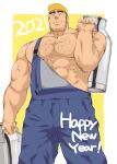  1boy abs arm_hair bara bare_pecs baseball_cap carrying_over_shoulder chest_hair chinese_zodiac facial_hair feet_out_of_frame hairy happy_new_year hat highres large_pectorals male_focus mature_male milk milk_churn muscular muscular_male new_year nipples original overalls shigetashigezo short_hair sideburns smile solo stomach stubble suspenders thick_eyebrows year_of_the_ox 