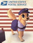  absurd_res bird_dog blue_eyes bottomless canid canine canis clothed clothing detailed_background digital_media_(artwork) domestic_dog female feral fur golden_retriever hi_res hunting_dog looking_at_viewer mailbox mammal paws raised_tail retriever solo uniform united_states_postal_service yurusa 
