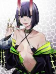  1girl absurdres alternate_costume bare_shoulders bob_cut breasts collar collarbone eyebrows_visible_through_hair fangs fate/grand_order fate_(series) highres horns medium_breasts navel off_shoulder oni oni_horns purple_eyes purple_hair san_(harutuki_3) short_eyebrows shuten_douji_(fate) solo thick_eyebrows 