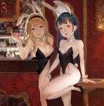  2girls alcohol animal_ears bar black_hair black_leotard blonde_hair bottle bow bowtie breasts bunny_ears bunny_tail cleavage cocktail_glass commentary_request cowboy_shot cup detached_collar drinking_glass eden_(edensong22) highres leotard long_hair looking_at_viewer medium_breasts multiple_girls orange_eyes original playboy_bunny purple_eyes small_breasts smile standing standing_on_one_leg strapless strapless_leotard tail wrist_cuffs 
