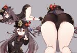  1girl all_fours ass ass_focus black_headwear black_shorts blush brown_hair flower from_behind genshin_impact hat highres hu_tao jewelry long_sleeves looking_at_viewer pointing pointing_at_viewer red_eyes ring short_shorts shorts smile smug socks solo thick_thighs thighs top_hat twintails xooku 
