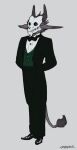  anthro black_tie_(suit) bone bottomwear bow_tie butler clothed clothing coat demon dress_shirt footwear formal formal_clothing formal_wear gentleman hi_res horn male male/male pants papyreit shirt shoes skull skull_head suit tail_tuft tailcoat topwear tuft vest 