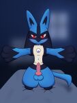  absurd_res animal_genitalia animal_penis anthro balls bed blush bodily_fluids canine_penis e621netuser extended_arms first_person_view furniture genital_fluids genitals hi_res kneeling looking_at_viewer lucario male nintendo penis pok&eacute;mon pok&eacute;mon_(species) precum solo video_games 