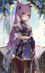  1girl absurdres bare_shoulders bow brown_legwear cowboy_shot double_bun dress flower frilled_dress frilled_sleeves frills genshin_impact gloves hair_bow hair_bun hair_ornament highres holding holding_sword holding_weapon juffles keqing_(genshin_impact) long_hair purple_eyes purple_hair sky solo standing sword twintails weapon 