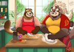  2021 anthro brown_body brown_fur canid canine cooking detailed_background duo fur goemon_(tas) humanoid_hands inside kitchen kitchen_utensils male mammal overweight overweight_male raccoon_dog shade_the_wolf tanuki tokyo_afterschool_summoners tongue tongue_out tools video_games 