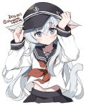  1girl anchor_symbol animal_ears black_headwear black_sailor_collar black_skirt blue_eyes blush cat_ears cat_tail closed_mouth dated eyebrows_visible_through_hair flat_cap hair_between_eyes hat hibiki_(kancolle) kantai_collection long_hair long_sleeves neckerchief odawara_hakone pleated_skirt red_neckwear sailor_collar school_uniform serafuku silver_hair simple_background skirt solo tail twitter_username white_background 