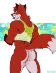  2021 abstract_background anthro backsack balls bite biting_own_tongue bottomless butt canid canine clothed clothing fox genitals hair hi_res kihu looking_at_viewer looking_back looking_back_at_viewer male mammal muscular muscular_anthro muscular_male neck_tuft perineum rear_view self_bite shirt simple_background smile solo standing tank_top tongue tongue_bite tongue_out topwear tuft 