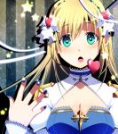  1girl :o archbishop_(ragnarok_online) bangs blonde_hair blue_dress blue_nails breasts cleavage cleavage_cutout clothing_cutout commentary_request dress eyebrows_visible_through_hair feathered_wings frilled_sleeves frills gem green_eyes hairband heart juliet_sleeves long_hair long_sleeves looking_at_viewer medium_breasts nail_polish nip_sakazuki open_mouth puffy_sleeves ragnarok_online solo star-shaped_pupils star_(symbol) striped striped_background symbol-shaped_pupils two-tone_dress upper_body vertical_stripes white_dress white_wings winged_heart wings 