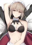  1girl armpits artoria_pendragon_(all) artoria_pendragon_(alter_swimsuit_rider)_(fate) bare_shoulders bikini black_bikini blonde_hair fate/grand_order fate_(series) frilled_bikini frills highres jacket jacket_removed kaedemaru looking_at_viewer maid maid_headdress medium_hair midriff navel parted_lips saber_alter swimsuit yellow_eyes 