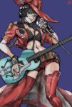  1girl bespectacled between_breasts black_gloves black_hair blue_eyes bob_cut boots breasts cleavage cropped_jacket electric_guitar fingerless_gloves glasses gloves grin guilty_gear guilty_gear_strive guitar hat holding holding_instrument i-no instrument jacket kyuuakaku long_skirt looking_at_viewer medium_breasts microphone microphone_stand mole mole_above_mouth navel partially_unbuttoned purple_background red_eyes red_footwear red_headwear red_jacket red_shorts red_skirt rimless_eyewear short_hair short_shorts shorts showgirl_skirt skirt smile solo strap_between_breasts swimsuit thigh_boots thighhighs witch_hat 