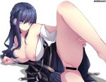  1girl areolae arknights astesia_(arknights) black_hair blue_eyes braid breasts censored cleavage ddangbi diamond-shaped_pupils diamond_(shape) feather_trim hair_intakes large_breasts long_hair looking_at_viewer pubic_hair solo symbol-shaped_pupils undressing 