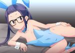  1girl animal_ears black-framed_eyewear blue_footwear blue_hair blue_leotard blue_neckwear bow bowtie brown_eyes bunny_ears bunny_tail commentary_request detached_collar fake_animal_ears flat_chest glasses high_heels leotard long_hair looking_at_viewer lying namidate on_side oogaki_chiaki playboy_bunny smile solo strapless strapless_leotard tail twintails wrist_cuffs yurucamp 