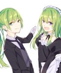  2others androgynous apron choker crossdressing enkidu_(fate) fate/grand_order fate_(series) formal gloves green_eyes green_hair kingu_(fate) long_hair maid maid_apron maid_headdress maru_(pixiv51714255) multiple_others open_mouth ponytail purple_eyes smile suit vest white_gloves 