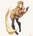  1girl arm_scarf artist_name black_gloves blonde_hair blue_eyes boots brown_headwear brown_jacket closed_mouth fingerless_gloves fur_hat gloves grey_background guilty_gear guilty_gear_strive hat highres jacket leggings long_hair millia_rage ozkh pose scarf simple_background solo thighhighs ushanka very_long_hair 
