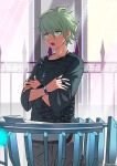  1boy amami_rantarou bangs bracelet collarbone commentary_request cowboy_shot crossed_arms danganronpa_(series) danganronpa_v3:_killing_harmony green_eyes green_hair hair_between_eyes jewelry kuangtai_(amami_ryoko) long_sleeves looking_at_viewer male_focus messy_hair necklace open_mouth pants ring shirt short_hair sleeves_past_elbows solo standing striped striped_shirt thumb_ring upper_body 
