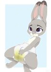  &lt;3 &lt;3_eyes anthro bodily_fluids clothed clothing diaper digitigrade disney female genital_fluids hand_on_diaper hi_res judy_hopps kneeling lagomorph leporid long_ears looking_down mammal paws rabbit smile solo sweat topless touching_diaper urine wet_diaper wetting zootopia 