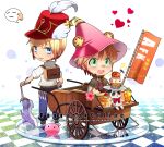  2boys :3 afk animal_ear_headwear axe backpack bag bangs belt blacksmith_(ragnarok_online) blonde_hair blue_eyes blue_pants blush brown_belt brown_capelet brown_footwear brown_gloves cape cart checkered checkered_floor chibi commentary_request copyright_name cupcake emoticon eyebrows_visible_through_hair fingerless_gloves food fork full_body gloves green_eyes hat hat_feather heart holding holding_axe holding_fork iced_tea jack-o&#039;-lantern looking_at_another looking_back male_focus multiple_boys mushroom nip_sakazuki open_mouth pancake pants pink_headwear pixiv_id plate poring pouch pumpkin ragnarok_online red_headwear red_shirt shako_cap shirt shoes short_hair short_sleeves sitting sleeveless sleeveless_shirt slime_(creature) spore_(ragnarok_online) standing star_(symbol) sweatdrop vial watermark web_address white_background white_cape white_shirt wizard_(ragnarok_online) wizard_hat 