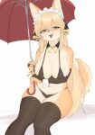  5_fingers anthro belly big_breasts bikini black_bikini black_clothing black_swimwear blonde_hair blue_eyes bodily_fluids breasts canid canine cleavage clothed clothing drooling faeki_(character) female fingers fluffy fluffy_tail fox hair hi_res kemono kemonoda_isuki legwear long_hair looking_at_viewer mammal navel open_mouth open_smile red_umbrella saliva sitting smile swimwear teeth thigh_highs tongue tongue_out umbrella 