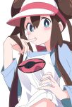  1girl blue_eyes blush_stickers brown_hair double_bun finger_to_mouth hair_between_eyes ixy long_hair pokemon pokemon_(game) pokemon_bw2 raglan_sleeves rosa_(pokemon) shirt simple_background solo twintails visor_cap white_background 