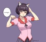  1girl absurdres adjusting_hair animal_ear_fluff animal_ears artist_name bakemonogatari bangs blush breasts cat_ears collarbone commentary cowboy_shot embarrassed english_commentary fake_animal_ears hair_ornament hairband hairclip half-closed_eyes hanekawa_tsubasa highres large_breasts looking_at_viewer looking_away monogatari_(series) naoetsu_high_school_uniform neck_ribbon nhanox_art open_mouth paw_pose pink_shirt pleated_skirt puffy_sleeves purple_background purple_eyes purple_hair purple_neckwear purple_skirt raised_eyebrows ribbon romaji_text school_uniform shirt short_hair short_sleeves simple_background skirt solo speech_bubble translated twitter_username 