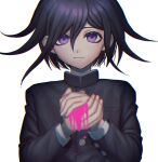  1boy bangs black_hair black_jacket blood bloody_hands blurry closed_mouth commentary_request danganronpa_(series) danganronpa_v3:_killing_harmony grey_background hair_between_eyes hands_up highres jacket long_sleeves looking_at_viewer male_focus official_alternate_costume ouma_kokichi own_hands_together pink_blood purple_eyes short_hair simple_background solo tei_(auntaso) upper_body white_background 