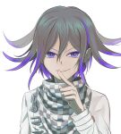  1boy bangs black_hair checkered checkered_neckwear checkered_scarf danganronpa_(series) danganronpa_v3:_killing_harmony finger_to_mouth hair_between_eyes hand_up highres index_finger_raised jacket kuangtai_(amami_ryoko) long_sleeves looking_at_viewer male_focus multicolored_hair ouma_kokichi pink_eyes pink_hair purple_eyes scarf simple_background smile smug solo straitjacket two-tone_hair upper_body white_background white_jacket 