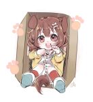  1girl animal_ears bone_hair_ornament box braid brown_eyes brown_hair cardboard_box cartoon_bone child dog_ears dog_girl dog_tail dress from_above full_body hair_ornament hairclip hololive in_box in_container inugami_korone isuka jacket knees_up long_hair low_twin_braids lying on_back open_mouth paw_pose red_legwear shoes smile socks solo tail twin_braids virtual_youtuber white_dress white_footwear yellow_jacket younger 