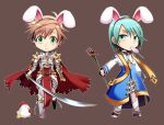  2boys animal_ears archbishop_(ragnarok_online) armor armored_boots bangs belt bird black_hairband blue_coat boots breastplate brown_background brown_hair bunny_ears candy cape chainmail chibi chick chicken choker closed_mouth coat commentary_request cross eyebrows_visible_through_hair fake_animal_ears food full_body gauntlets green_eyes green_hair hairband holding holding_staff holding_sword holding_weapon katana leg_armor lollipop looking_to_the_side male_focus multiple_boys nip_sakazuki pants pauldrons ragnarok_online red_cape rune_knight_(ragnarok_online) short_hair shoulder_armor simple_background smile spiked_pauldrons staff standing sword tabard torn_cape torn_clothes two-tone_coat weapon white_coat white_pants 