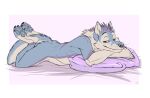  anthro black_nose blue_body blue_fur blue_pawpads canid canine canis crossed_arms ears_up fur icon legs_up looking_at_viewer lying male mammal nude patrikthedog pawpads pillow purple_eyes smile solo tail_down white_body white_fur wolf young 