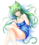  1girl :d alternate_costume animal_ear_fluff animal_ears bangs bare_arms bare_shoulders blush breasts cat_day cat_ears cat_girl cat_tail commentary_request fang feet_out_of_frame frog_hair_ornament green_hair hair_between_eyes hair_ornament hair_spread_out highres kemonomimi_mode kochiya_sanae large_breasts legs long_hair looking_at_viewer lying on_side open_mouth osashin_(osada) paw_pose smile snake_hair_ornament solo tail touhou yellow_eyes 