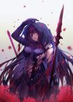  breasts fate/grand_order fate_(series) flower gae_bolg_(fate) highres hiro_(hirohiro_gorira) hood looking_at_viewer red_eyes red_hair scathach_(fate) scathach_(fate)_(all) spider_lily torn_clothes 
