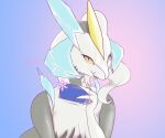  3_fingers anthro asymmetry claws dragon fan_character fangs female fingers fur grey_body grey_skin hair hi_res ice kyurem legendary_pok&eacute;mon looking_at_viewer nintendo open_mouth pok&eacute;mon pok&eacute;mon_(species) shirokyure_(watte) simple_background smile solo video_games watte white_kyurem yellow_eyes 
