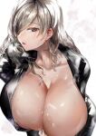  1girl biker_clothes bikesuit breasts brown_eyes cleavage collarbone commission covered_nipples eichi hair_over_one_eye highres juusan_kihei_bouei_ken leaning_forward lips long_hair looking_at_viewer morimura_chihiro parted_lips silver_hair simple_background skeb_commission solo sweat white_background 